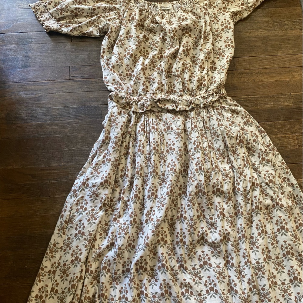 Cottage Core Neutral Floral Linen Dress - Picture 3 of 5